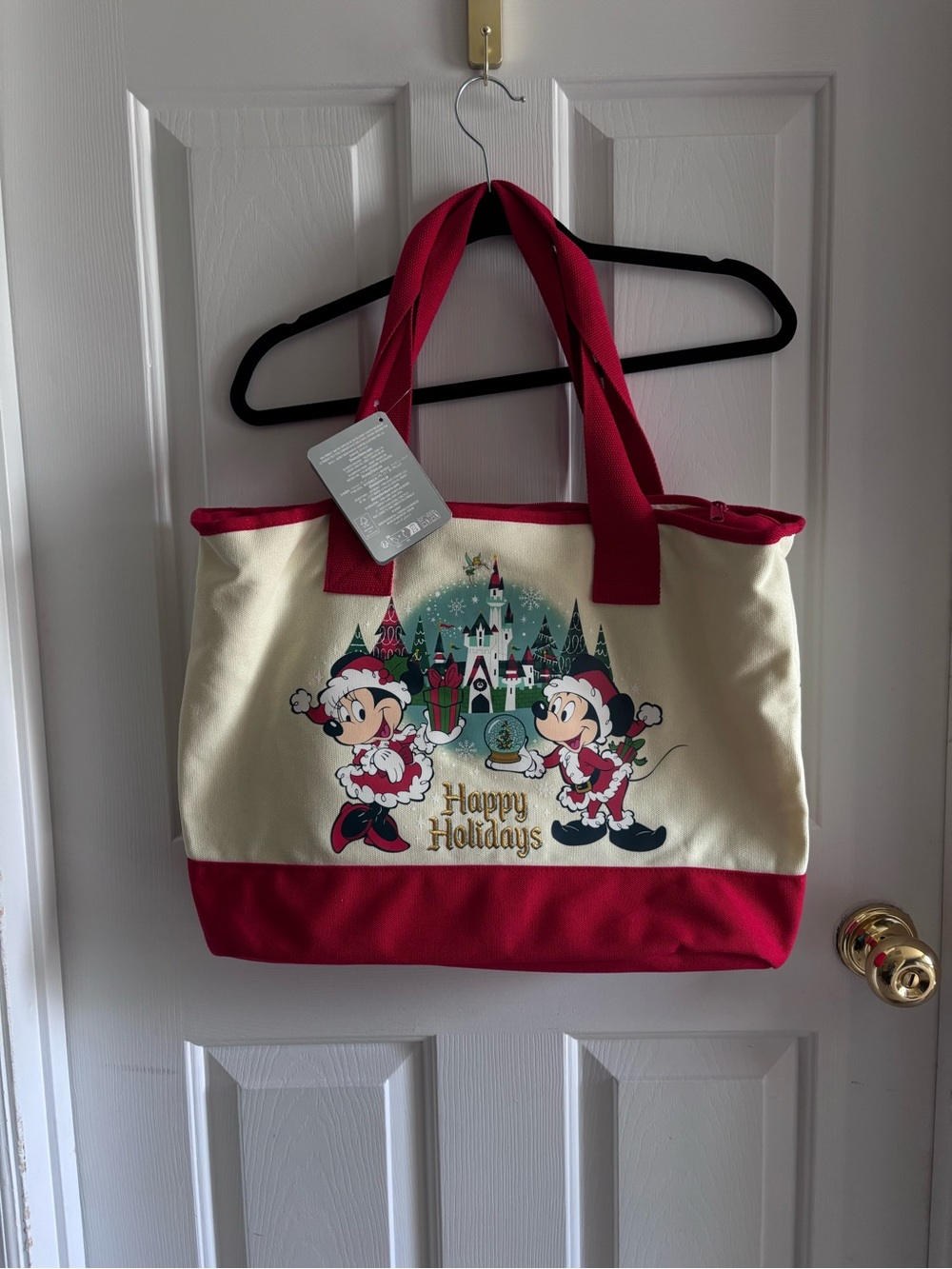 Disney Parks Mickey & Minnie 'Happy Holidays' Red and Cream Tote Bag NWT